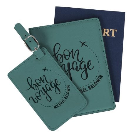 Customizable Teal Leather Passport Holder and Luggage Tag Set – Perfect Travel Gifts for Women and Men.