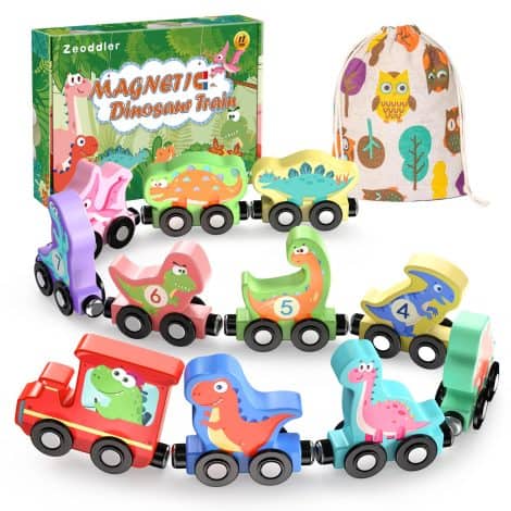 Zeoddler Magnetic Wooden Dinosaur Train Set: Fun, educational, and perfect for preschoolers’ birthday gifts.