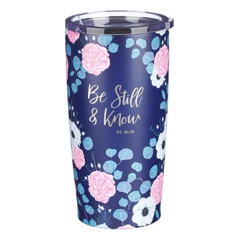 Christian Art Gifts travel mug for women: “Be Still & Know” – Navy/Pink Floral design, 18 oz, keeps drinks hot/cold.