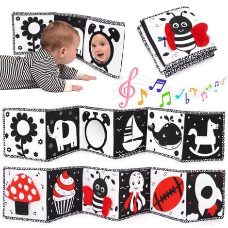 High contrast baby toys for brain development, including soft sensory books and Montessori toys with a mirror. Perfect baby gifts!