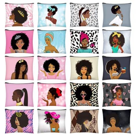 Sweetude 20-Piece Melanin-inspired Canvas Makeup Bags: Afro Queen Cosmetic Pouches for Travel; Perfect Inspirational Gift.