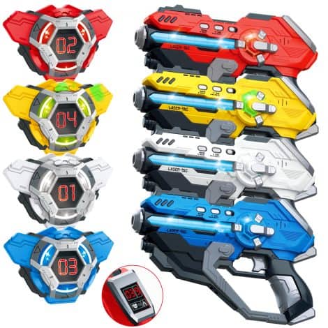 Kusntin Laser Tag Guns Bundle includes 4 guns, vests, LED display. Ideal arcade toy for kids & adults!