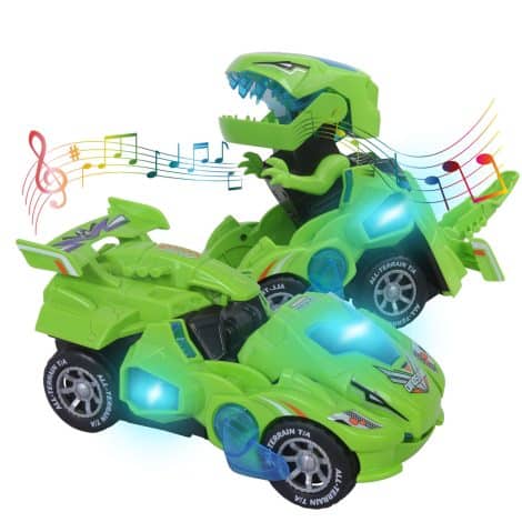 Green Transforming Car Toy with LED Light, Music, and Dinosaur design – perfect birthday gift for 4-7 year old boys.