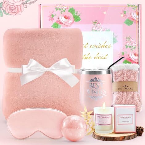 FOBIG Women’s Gift Set: Cozy Flannel Blanket, Candle, Tumbler, Socks, and Spa products; perfect for birthdays, holidays, or comfort.