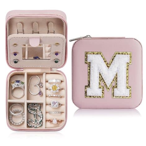 2023 Parima Christmas Gifts – Stylish Travel Jewelry Case, Customized Pink Jewelry Box | Women’s Birthday, Teens’ Christmas Present | Personalized Initial Jewelry Case.