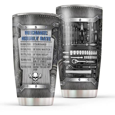 Mechanic-themed stainless steel tumbler, perfect gift for mechanical engineers, featuring cool skull design, holds 20oz.