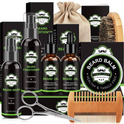 LOKDLAWEN Men’s Christmas Beard Grooming Set – Includes Beard Wash, Conditioner, Oil, Balm, Brush, Comb, Scissors, Storage Bag. Perfect gift for men!