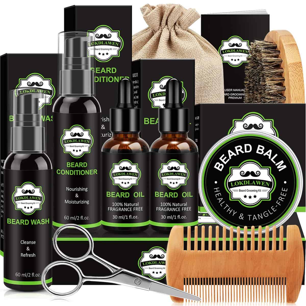 LOKDLAWEN Christmas gifts for men- Beard Kit for Men with Beard Wash, Beard Conditioner, Beard Oil, Beard Balm, Beard Brush, Beard Comb, Beard Scissors, Storage Bag, Gifts for Men Dad Husband Boyfriend