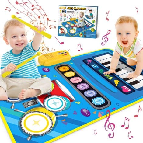 2-in-1 Piano and Drum Mat for 1-3 year-old toddlers, a perfect educational gift for Christmas or birthdays.