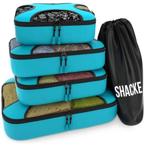 Shacke Pak – 5 Piece Packing Cubes – Travel Organizers with Laundry Bag in Aqua Teal.