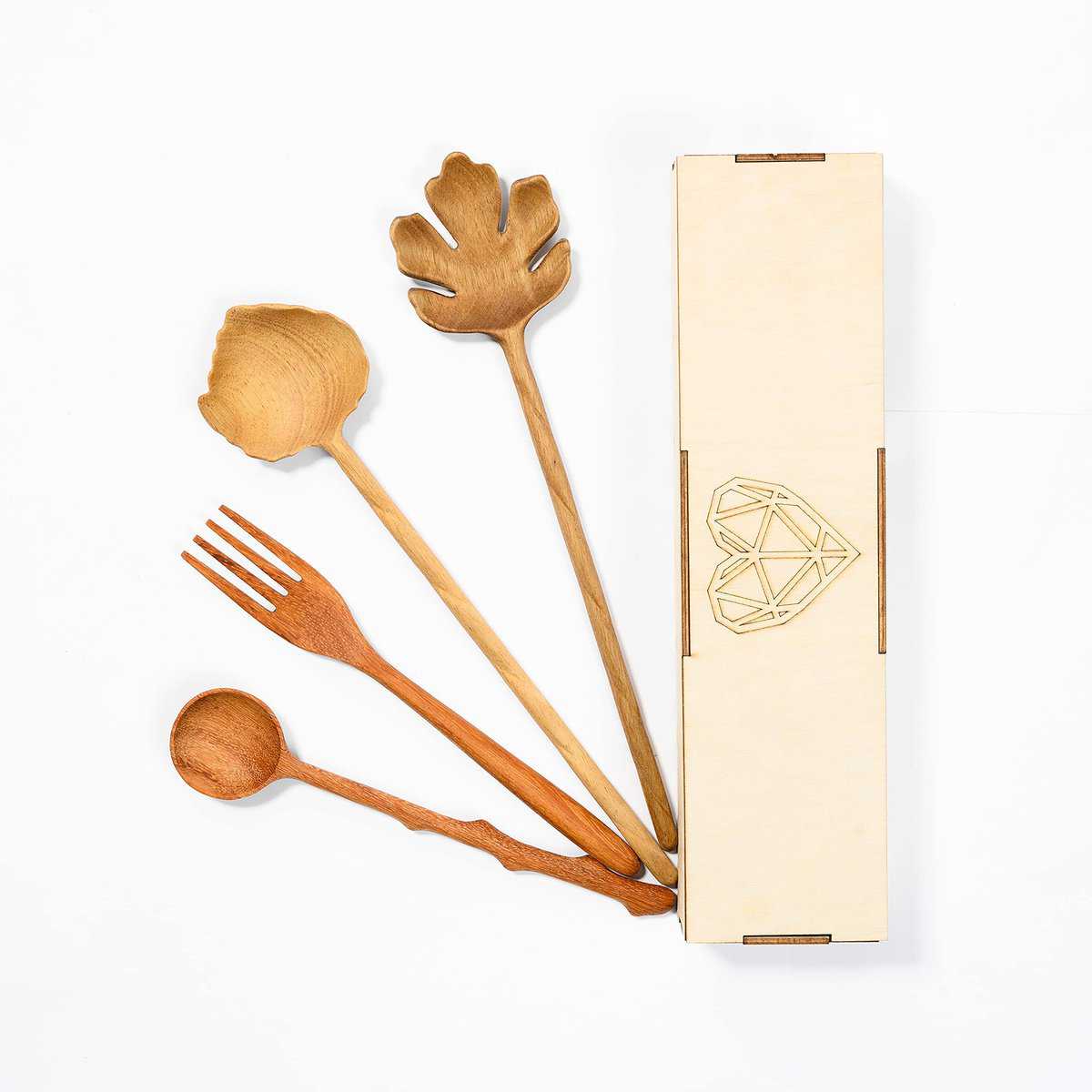 JABIHOME 4 Wooden Spoons and Forks Set, Hostess Gifts for Women, Wooden Serving Utensils, Cooking Gifts for Women, Fall Gifts,Christmas Gifts for Mom,White Elephant Gifts for Adults, New Year Gifts