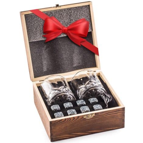 Top-notch Whiskey Stones Gift Set including 2 Glasses – Stand Out by Choosing an Exclusive Gift – Deluxe Box with 8 Granite Whiskey Rocks, Ice Tongs – Reusable Ice Cubes – Perfect Gift for Men.