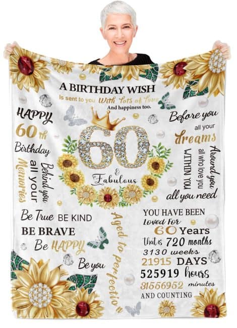 Celebrate her milestone with a vibrant sunflower throw blanket – the perfect 60th birthday gift for women.