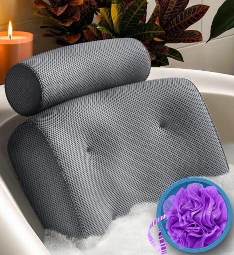 Luxurious Bath Pillow by Everlasting Comfort provides ultimate head, neck, and back support for a relaxing soak.