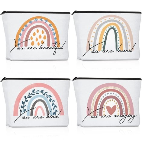 “Fresh” Personalized Rainbow Cosmetic Bag Set – 4 Canvas Bags with Inspirational Quotes, Perfect Gift for Women.