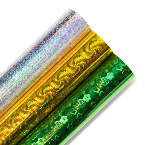 3 Small Gift Wrap Rolls – 42.13 sqft (17 * 120inch each) in Green Flower, Gold Spiricle, Silver Holographic. Perfect for holidays and celebrations.