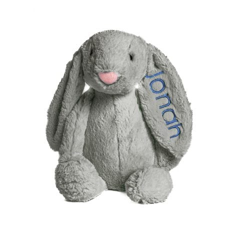 Customized soft bunny toy with embroidered name on ear – perfect gift for Easter or baby shower.