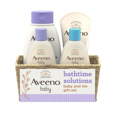 Aveeno Baby Bathtime Bundle: Baby Wash, Calming Bath, Moisturizing Lotion, and Stress Relief Body Wash for Mom.