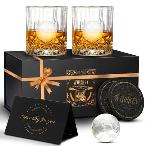 DIOXADOP Whiskey Glasses Set: 2 classic 10 oz tumblers with 2 large ice ball molds, perfect for enjoying spirits at home.