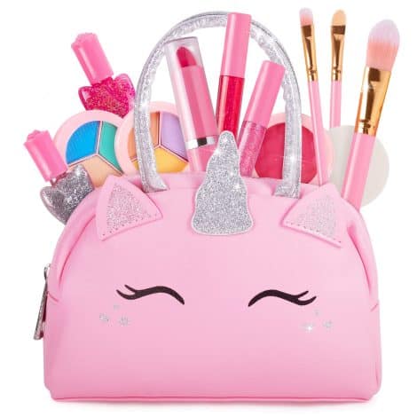 Non-toxic, washable Kids’ Makeup Set with Unicorn Purse – Perfect gift for pretend play, ages 3-10.