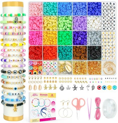 Dainty Clay Bead Bracelet Kit with 5000 Flat, Colorful Polymer Beads and Charms. Perfect for Jewelry Making, Kids Crafts.