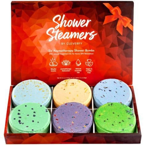 Cleverfy Shower Steamers Aromatherapy – Assorted Gift Set of 6 Shower Bombs with Essential Oils. Perfect self-care Christmas gifts for women and stocking stuffers for adults and teens. Red Set.