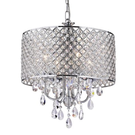 Edvivi Marya 4-Lights Chrome Round Crystal Chandelier Ceiling Fixture | Beaded Drum Shade: Elegant and glamorous lighting fixture that adds a touch of sophistication to your space.