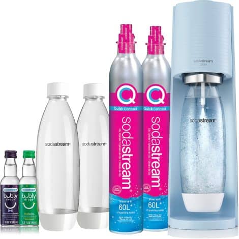 SodaStream Misty Blue Sparkling Water Maker Bundle with CO2, DWS Bottles, and Bubly Drops Flavors. Enjoy bubble-filled refreshment!