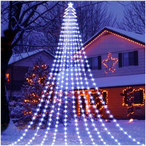 Gorrzai 420 LED Waterproof Christmas Tree Lights with Tree Topper for outdoor holiday decorations.