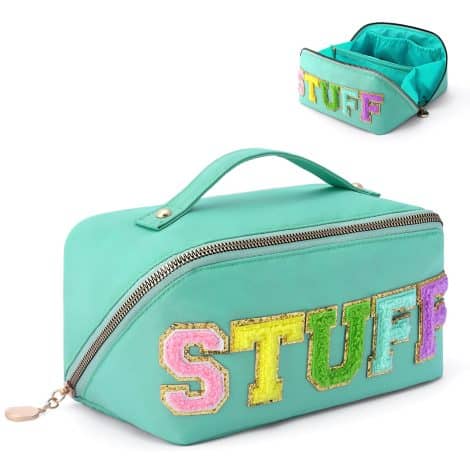 LONEDREAM Stoney Clover Preppy Makeup Bag: Spacious mint cosmetic bag with a classy chenille letter design for American travelers.