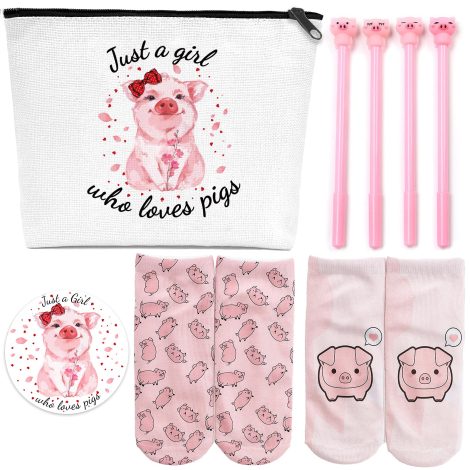 Gifts for pig enthusiasts: portable makeup bag, adorable socks, pig-themed pen, and mini mirror. Perfect for holidays or birthdays.