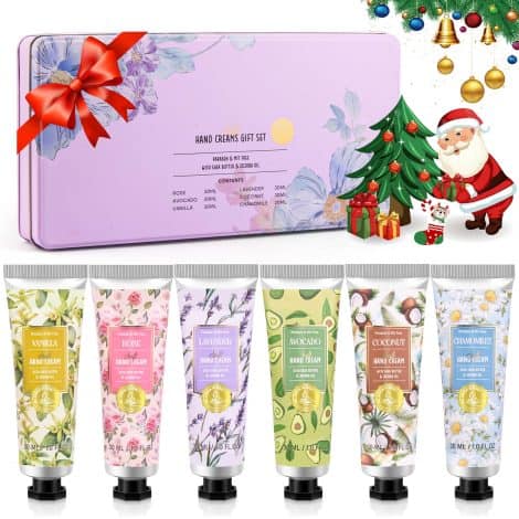 YUEONEWIN’s Hand Cream Gift Set includes 6 travel-sized hand lotions with shea butter for ultimate hydration. Perfect for Christmas, Mother’s Day, or Valentine’s Day.