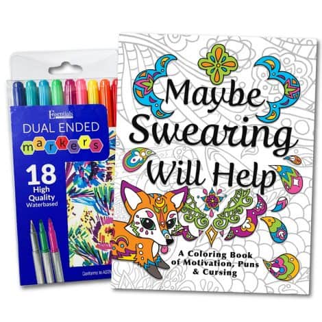 Relieve stress with the Maybe Swearing Can Help Adult Coloring Set – includes markers and case for relaxation.