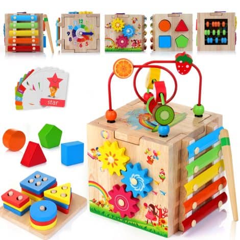 Wooden Baby Activity Cube: 8-in-1 Montessori Toys for 1+ year olds, perfect 1st birthday gift, includes bonus Sort & Stack Board. Pink packaging available.