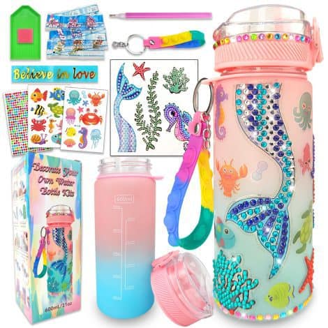 Mermaid-themed crafting kit for girls age 4-10 to decorate their own water bottles. Perfect birthday or Christmas gift.