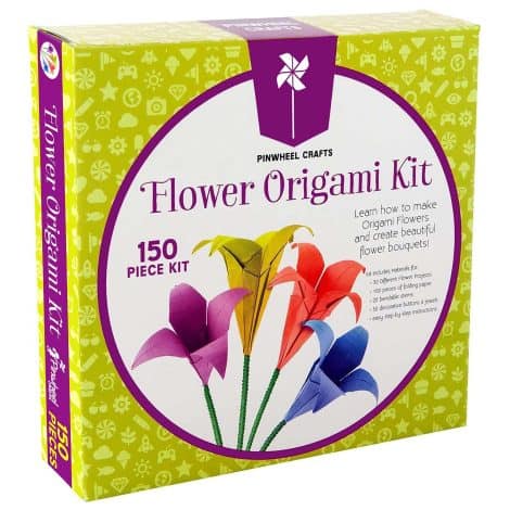 Pinwheel Crafts Origami Kit for Girls: Colorful paper sheets for making flowers with charms & accessories. Includes instruction book for all skill levels.