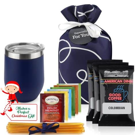 Holiday Gift Basket with a mix of 3 fresh coffee blends, 6 tea varieties, and a stylish insulated mug.