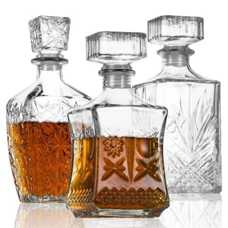 LAWADACH Liquor Decanters: Set of 3 unique glass alcohol bottles for tequila, brandy, and vodka. Perfect for parties!