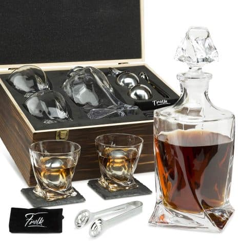 Men’s Whiskey Set: Decanter, Glasses, Stainless Steel Whisky Balls, Coasters, Tongs, and Freezer Pouch in Gift Box.