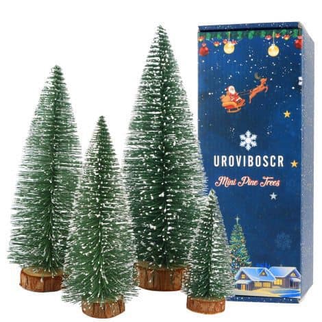 Snowy Mini Bottle Brush Trees – Set of 4, Small Christmas Trees with Snowflakes for Indoor Decor.