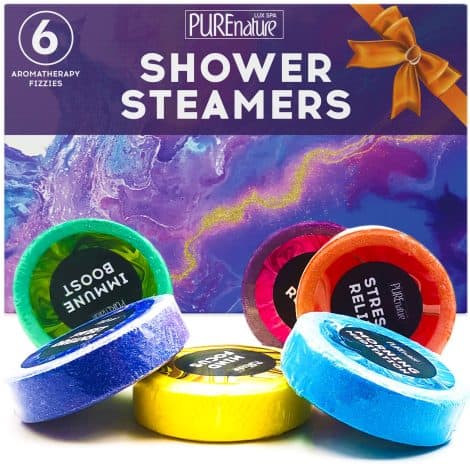 A set of six shower tablets with soothing scents for relaxation and stress relief, great for gifting during the holidays.