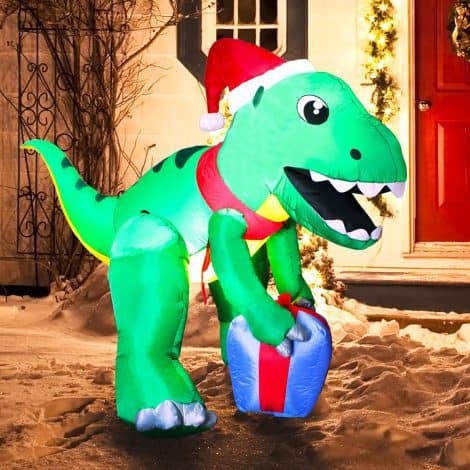 5ft dinosaur Christmas inflatable decoration with built-in LED lights, perfect for outdoor holiday yard décor.