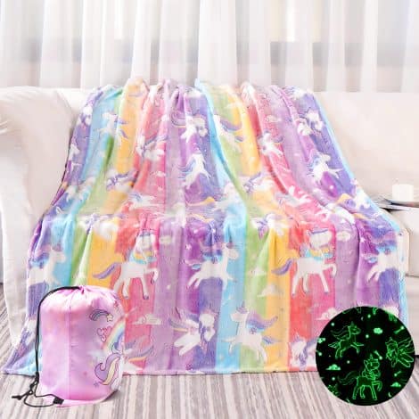 Glowing Unicorns Blanket, Perfect Gift for Girls of All Ages, Soft and Cozy, Ideal Christmas/Birthday Present. Size: 50″ x 60″