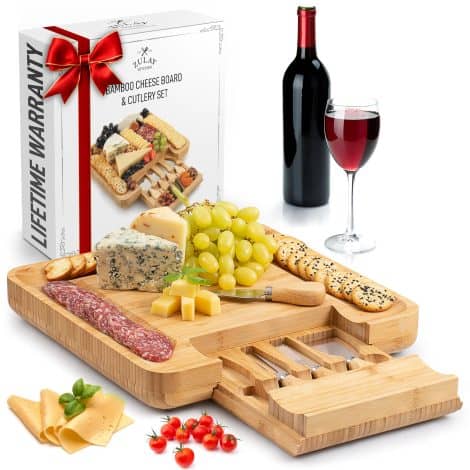 Zulay Kitchen’s Deluxe Bamboo Cheese and Knife Set is ideal for hosting wine and cheese parties.