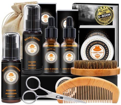 Improved Beard Care Package with Conditioner, Oil, Balm, Brush, Shampoo, Comb, Scissors, Bag, E-Book, and Gifts. Perfect for Men.