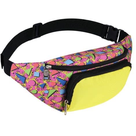 Stylish 80s Retro Neon Fanny Pack with 2 Pockets – Hands-Free Waist Bag for Travel and Parties.