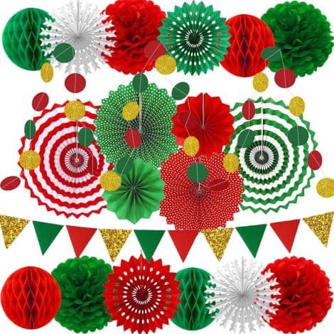 Festive Party Kit: Christmas Fans, Garlands, Flags, Honeycomb Balls, Pom Poms – Perfect for Celebrating!