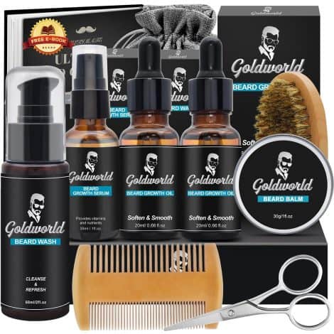 Complete beard care set including wash, oil, balm, brush, comb, scissor, storage bag, and e-book. Perfect gift for men.