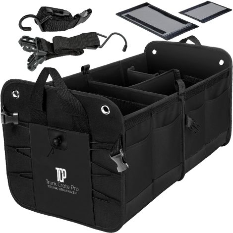 Premium car trunk organizer with adjustable compartments, securing straps, and non-slip bottom; perfect for American vehicles.