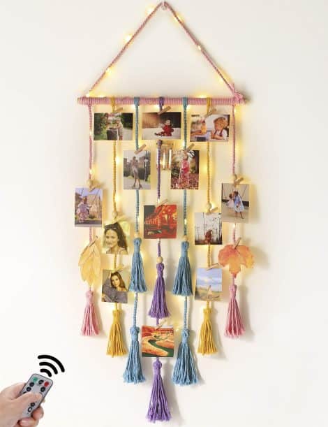 Boho-inspired Macrame Hanging Photo Display with Remote String Light for Teen Girls’ Room Decor. Perfect Christmas or Birthday gift!